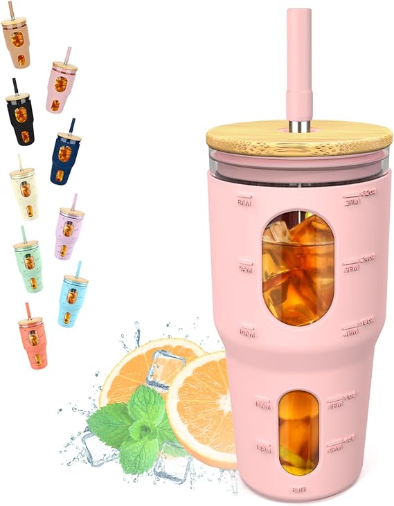 Tronco 32 oz Glass Tumbler with Time Marker & Boba Straws