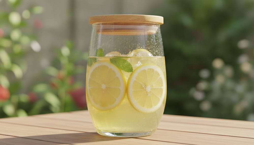 A borosilicate glass tumbler with a bamboo lid holding lemonade with mint and ice, outdoors