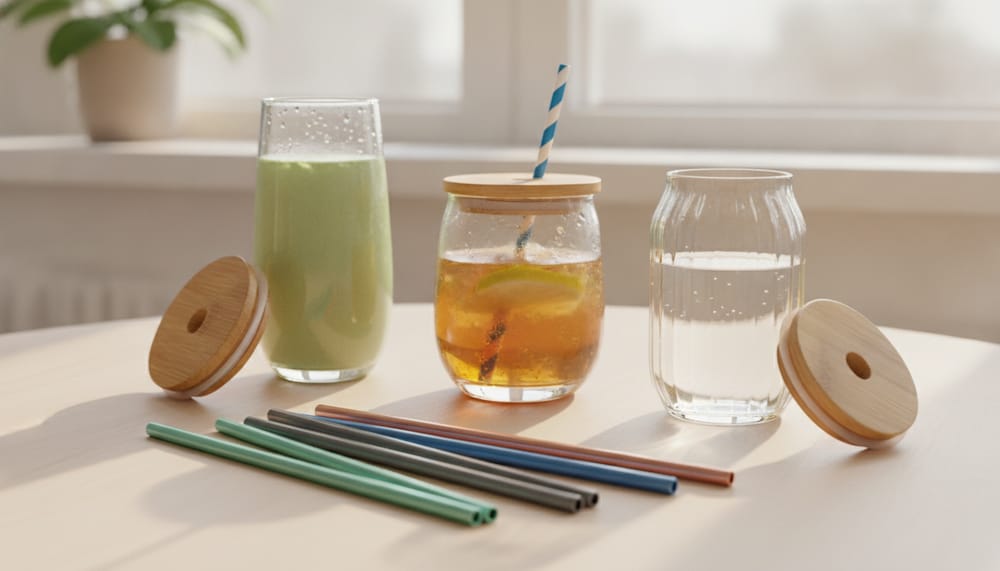 Three glass cups with loose bamboo lids and a row of colored reusable straws on a sunlit table