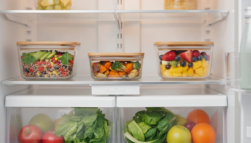 Three bamboo-lid glass meal prep bowls with salad, roasted vegetables and fruit on a refrigerator shelf